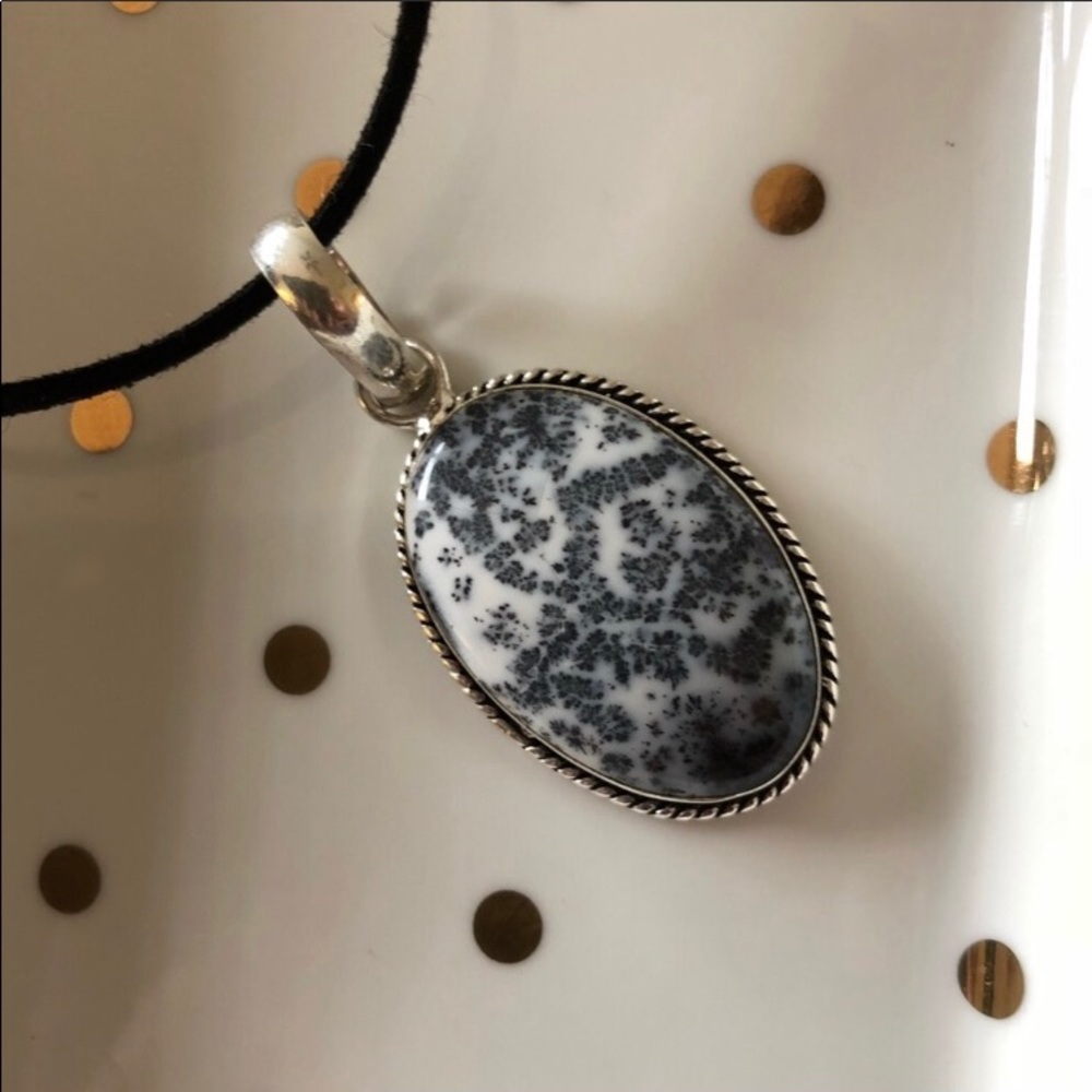 Dendritic Opal Pendant on Black Suede Cord - Picture 3 of 3